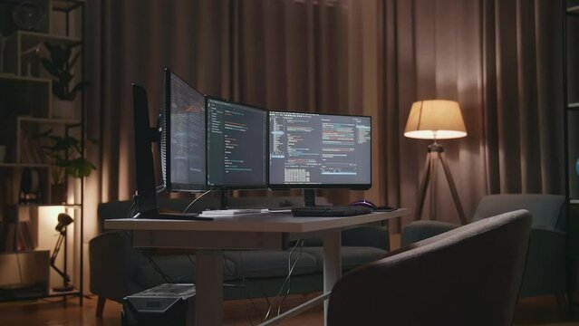 The Desktop Computer'S Monitor Showing Script Creating Software Engineer Developing App, Program, Video Game On The Table At Home. Terminal With Coding Language 
