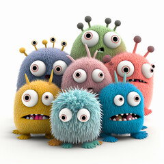 Colorful and Hairy Microbes for Use in Film and Animation - white background