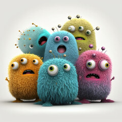 Colorful and Hairy Microbes for Use in Film and Animation - white background