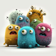 Colorful and Hairy Microbes for Use in Film and Animation - white background