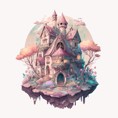 An illustration of a castle in pastel watercolor on a white background evoking a dream-like story. Generative AI.