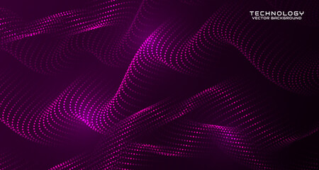 Purple techno abstract background on dark space with waving particles style effect. Graphic design element with 3d moving dots flow concept for banner, flyer, card, brochure cover, or landing page