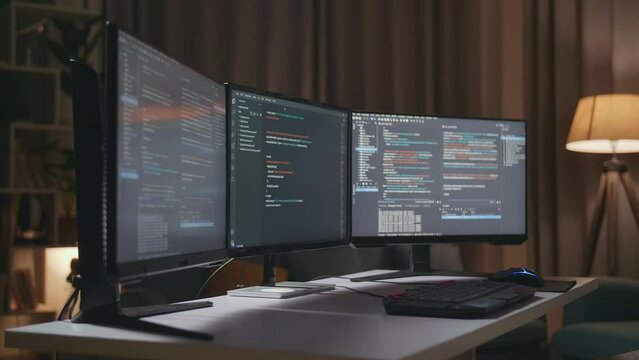 Close Up Of Desktop Computer'S Monitor Showing Script Creating Software Engineer Developing App, Program, Video Game On The Table At Home. Terminal With Coding Language 
