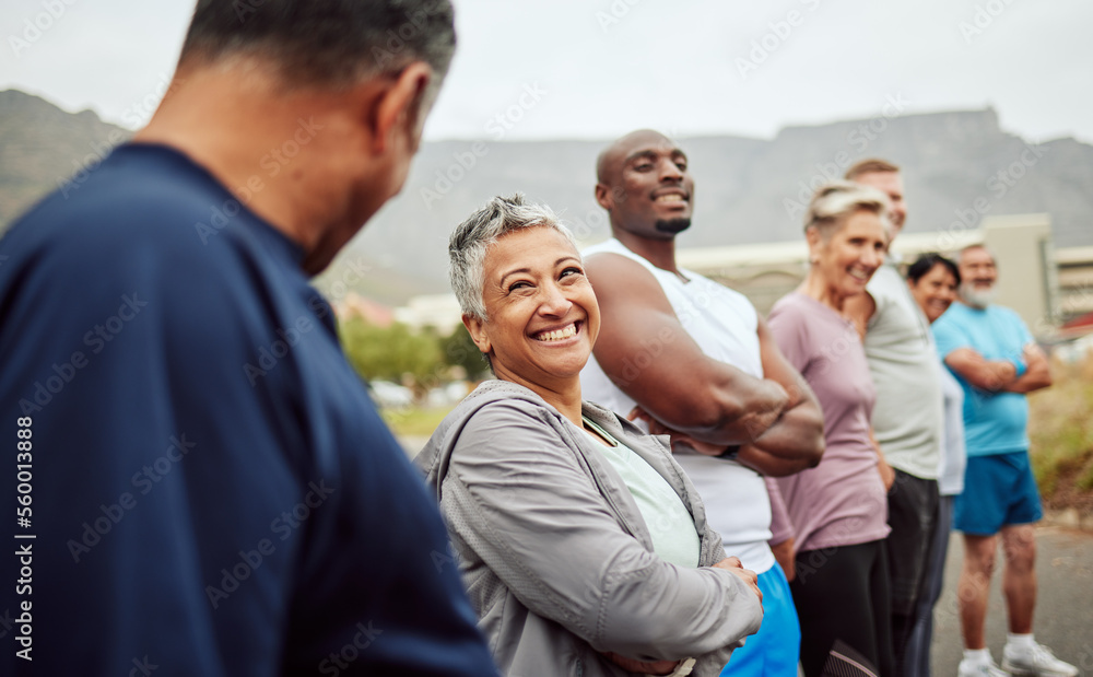 Wall mural Happy, fitness or senior friends start running exercise, cardio workout or sports training outdoors. Team building, funny runners or healthy mature people with body goals talking, bonding or laughing