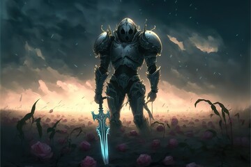 The Dark Lord knight stands among a field of roses