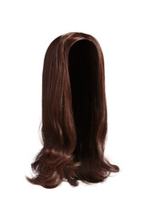 Close-up shot of a women's brown wig. Female long brown straight hair with curls is isolated on a white background. Side view.