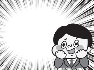 集中線とお金について考えているコミカルな男性キャラクターイラスト素材　ビジネス