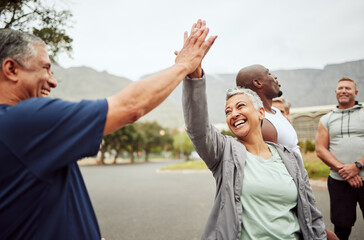 Fitness, high five and senior people or friends with support, accountability and teamwork in nature...