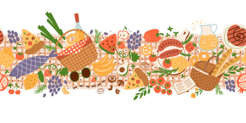 Picnic party seamless border. Summer picnic season food. Cute picnic food seamless background with baskets, roasted sausages, tomatoes, vegetables, fruits. Hand drawn summer food vector illustration.