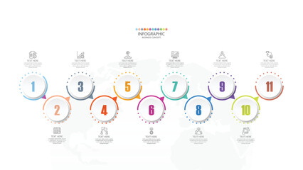 Process infographic with 11 steps, process or options.