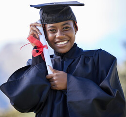 Graduate, certificate with education and black woman portrait, university success and graduation...