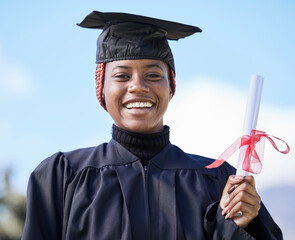 Diploma, education and black woman graduate in portrait, university success and graduation...