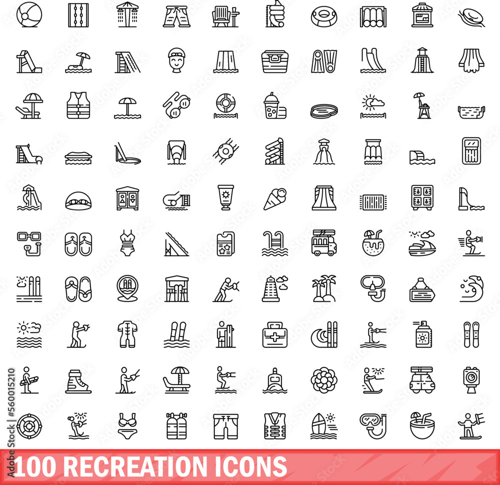 Wall mural 100 recreation icons set. outline illustration of 100 recreation icons vector set isolated on white 