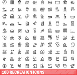 100 recreation icons set. Outline illustration of 100 recreation icons vector set isolated on white background
