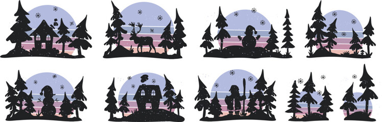 christmas, forest, santa claus, snowmen, winter vector silhouette