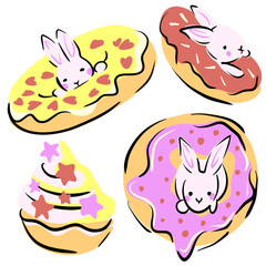 multi-colored painted set of donuts and cakes with bunnies for Easter, in a single color palette, isolated on transparent or white background, png, mockup	
