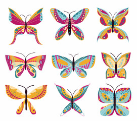 Obraz na płótnie Canvas Hand drawn butterflies collection. Set of butterflies vector icons. Vector illustration for icon, logo, print, icon, card, emblem, label.