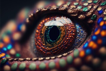 Golden eye of lizard with colorful dotted skin macro view AI