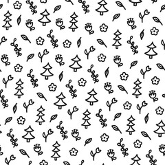 Seamless pattern with plants and flowers on a white background in doodle style.