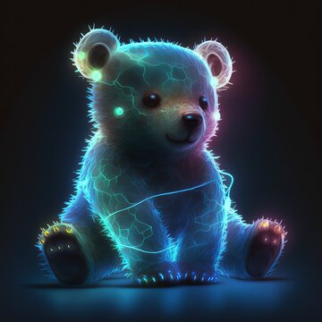 Cute teddy bear with neon sitting on dark background AI