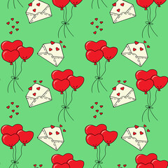 Seamless pattern with balloons, envelopes with hearts. Seamless vector pattern in doodle style. Template for fabric, textiles, wrapping paper, wallpaper and other decorations.