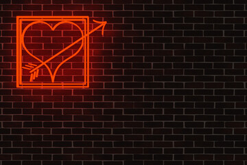 Red glowing neon light Heart with Armors arrow on a brick wall