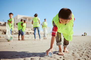 Environment, cleaning and children with plastic on beach for clean up dirt, pollution and eco friendly volunteer. Sustainability, recycle and kids reduce waste, pick up trash and bottle on beach sand