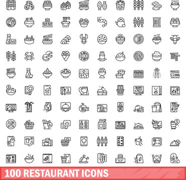100 restaurant icons set. Outline illustration of 100 restaurant icons vector set isolated on white background