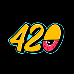 420 Sign With Red Stoned Eye Cannabis T-shirt Design in Cartoon Graffiti Style Illustration.