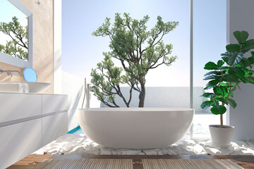 Modern bathroom interior with wooden decor in eco style. 3D Render	