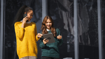 Young friends student african american college happy walking city urban on campus