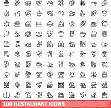 100 restaurant icons set. Outline illustration of 100 restaurant icons vector set isolated on white background