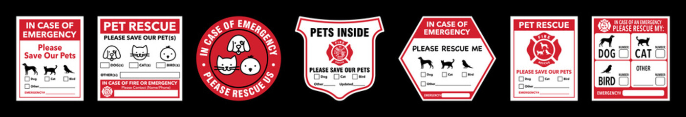 Emergency pet rescue tag vector set. Fire and emergency alerts to protect pets.