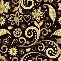 Vector seamless dark brown floral valentine pattern with gold lace vintage curls and flowers