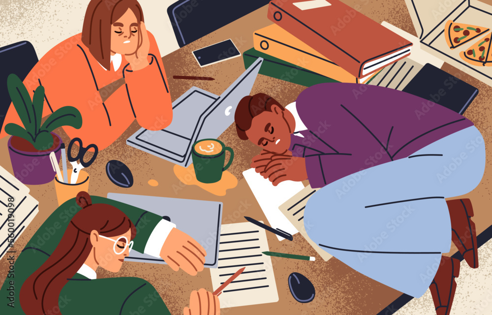Poster Overworked business team in office, tired employees sleeping at desk. Work overtime, overload concept. Exhausted workers workaholics asleep at table with computers, documents. Flat vector illustration