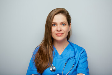 Close up smiling doctor woman or nurse isolated portrait.