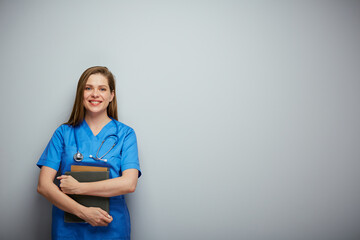 Smiling student woman doctor or nurse with medical education. Isolated portrait of female medical worker.