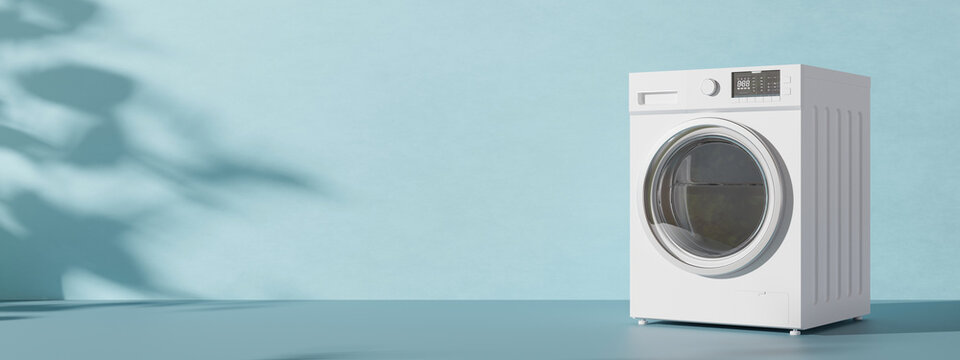 Blue banner with washing machine and copy space. Empty space for text, advertising. Household electrical equipment. Modern home appliance used to wash laundry. Front-loader clothes washer. 3d render.