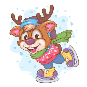 Cartoon Deer Skating. Clipart. Winter illustration of a cheerful cartoon Deer skating. Christmas mascot cartoon.