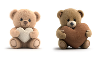Cute teddy bears holding a heart, on white background. AI generated
