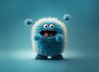 Cute fluffy monster on blue - obrazy, fototapety, plakaty
