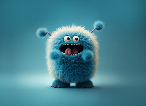 Cute fluffy monster on blue