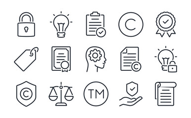 Copyright, trademark, brand, patent, intellectual property and trade secret concept editable stroke outline icons set isolated on white background flat vector illustration. Pixel perfect. 64 x 64.
