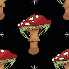 Seamless pattern in the shape of a mushroom. Different fly agarics. A pattern of fly agarics. A set of ingredients for a witch's potion. Cartoon style. Design for textiles.