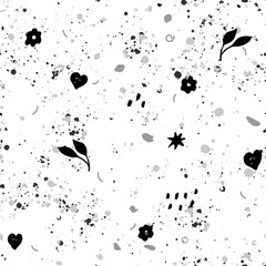 Gray black paint splashes and geometric shapes, monochrome seamless pattern with chaotic shapes on a white background. Abstract simple vector illustration for printing onto fabric, paper