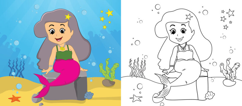 Cartoon mermaid coloring page no: 05 kids activity page with line art vector illustration