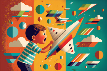 Retro-inspired, playful image of a child playing with a toy airplane in front of a colorful, geometric background - Midjourney