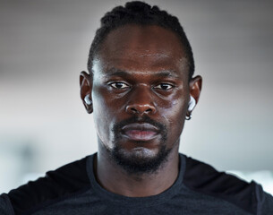 Obraz premium Black man, fitness portrait and music for exercise workout, cardio training and healthcare wellness outdoor. African athlete, focus face and audio motivation or sports runner or mindset vision