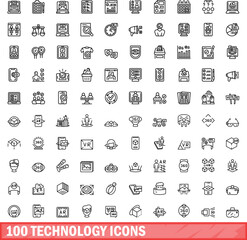 100 technology icons set. Outline illustration of 100 technology icons vector set isolated on white background