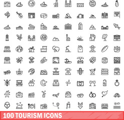 100 tourism icons set. Outline illustration of 100 tourism icons vector set isolated on white background